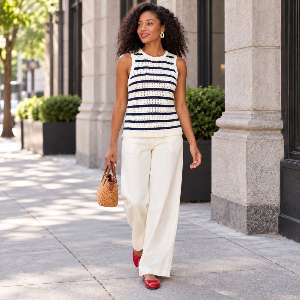 Madewell Sweater Tank WMNS S Ivory Navy Striped Crochet Knit Cotton Coastal Chic